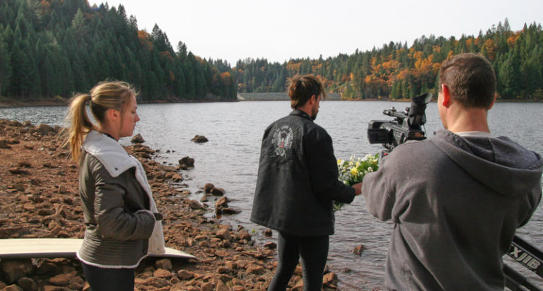 It was a little colder then we wished… DP Bill Otto getting ready to shoot. Sean and Amanda standing in for framing.