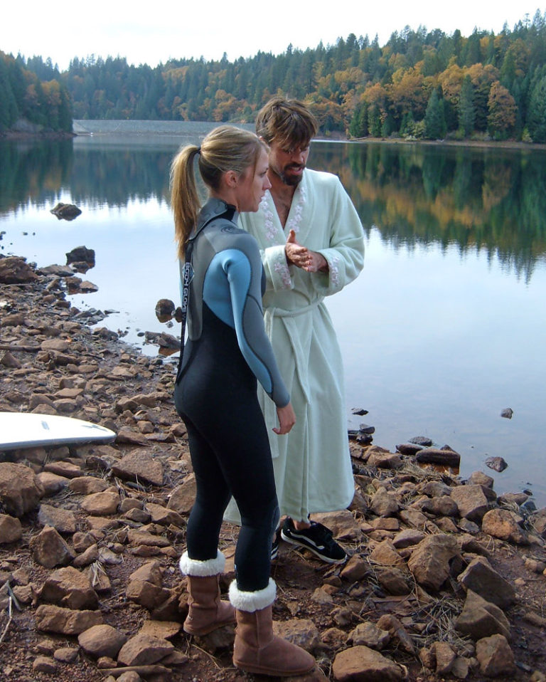 Sean Gray and Amanda Wing fighting the cold before the shoot.